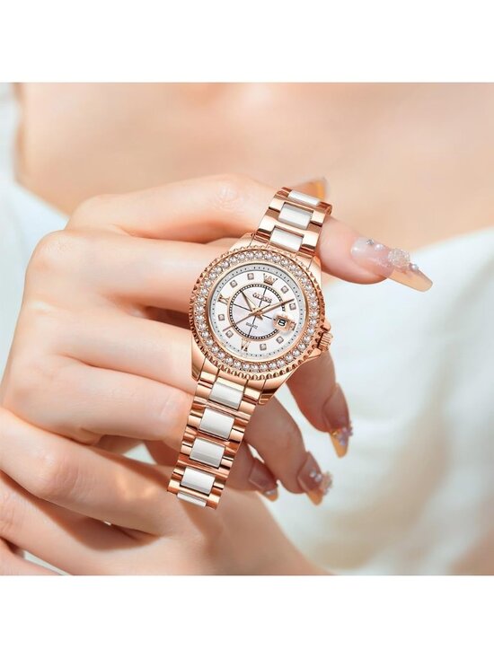 Olevs Women\'s White Rose Gold Skeleton Diamond Automatic Elegant Luxury Watch Amazon.com: OLEVS Women main image 2